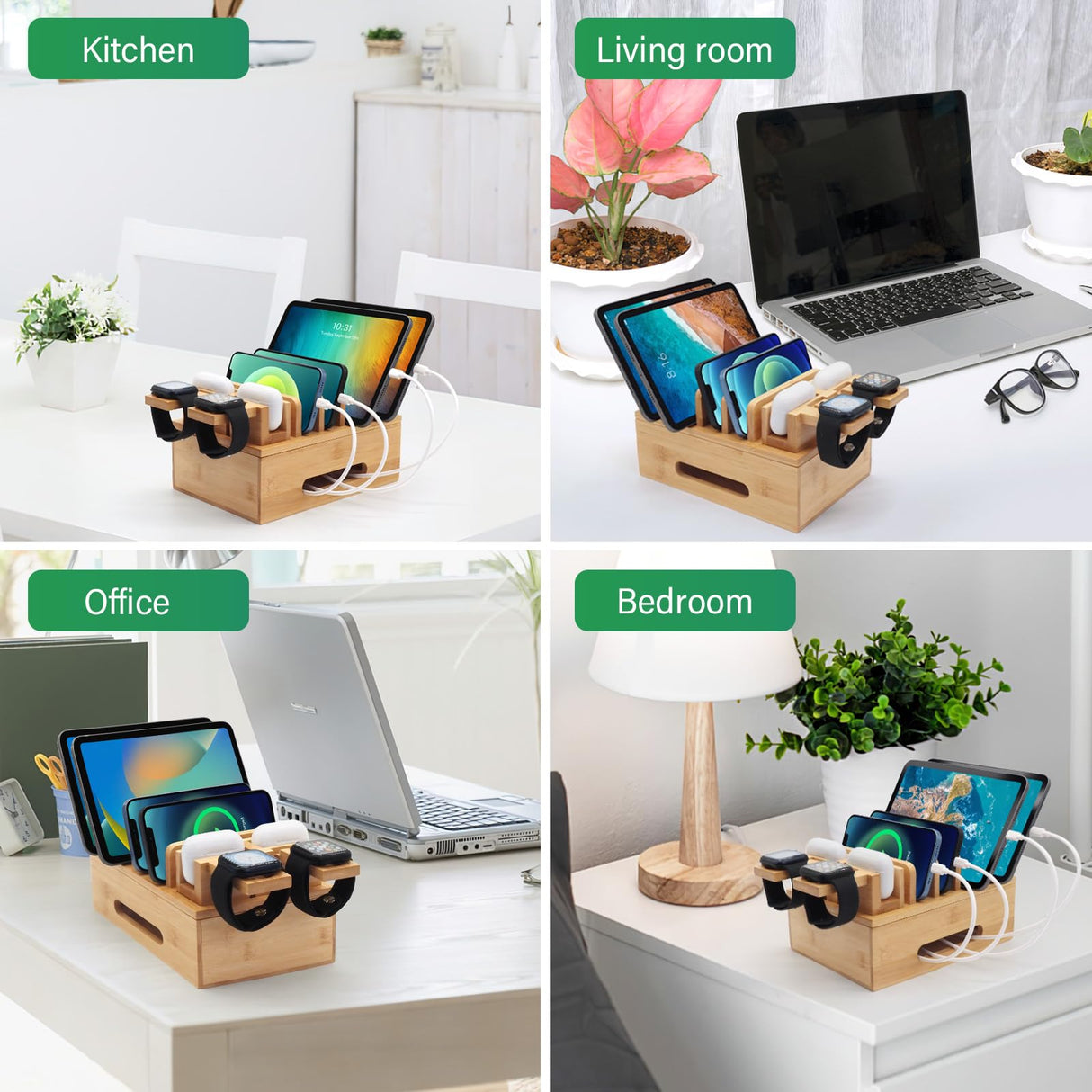 Bamboo Charging Stations for Multi Devices, Wood Desktop Docking Station Charger Organizer for Cell Phones, Tablets, Earphones, Watch (Includes 6 Charging Cables) (No Power Supply) Deefielly