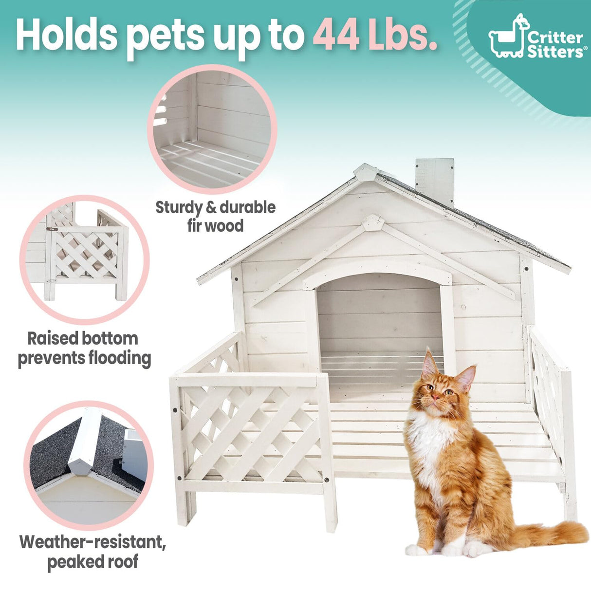 Critter Sitters 27'' Pet House with Porch, Weather-Resistant Dog House for Animals up to 44 Pounds, Waterproof Outdoor Dog House, Ideal for Cats, Dogs, and Rabbits, White Fir Wood Dog Houses CRITTER SITTERS