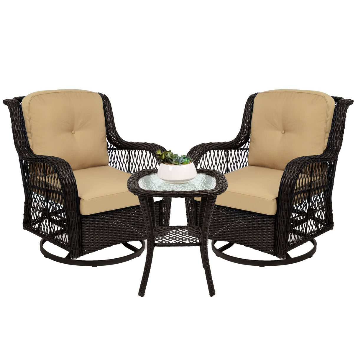 Best Choice Products 3-Piece Outdoor Wicker Patio Bistro Set w/ 2 360-Degree Swivel Rocking Chairs and Tempered Glass Top Side Table - Beige Best Choice Products