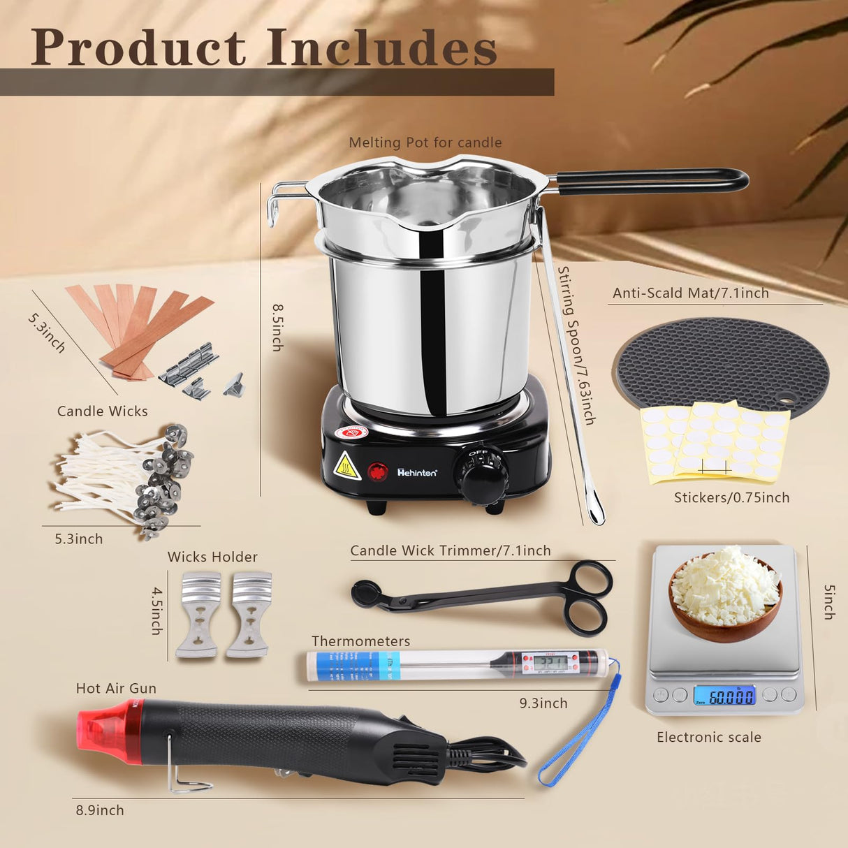 Hehinton Double Boiler Wax Melter Pot, Professional Water Heating Warming Pots for Candle Making, Candle Making Kit for Beginners, DIY Kit with Electronic Scale, Heat Gun, Thermometer, Candle Trimmer Hehinton