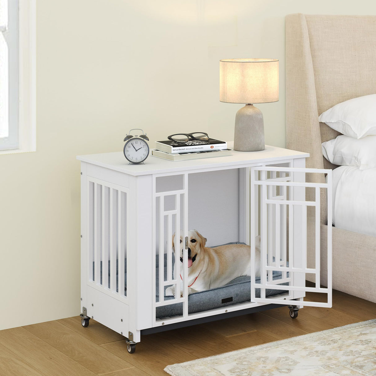YITAHOME Dog Crate Furniture, 31.9" Heavy Duty Dog Cage, Wooden Side End Table with Wheels, Chew-Resistant Metal Dog Kennel with Removable Tray, Dog House Indoor for Small Medium Dogs, White YITAHOME