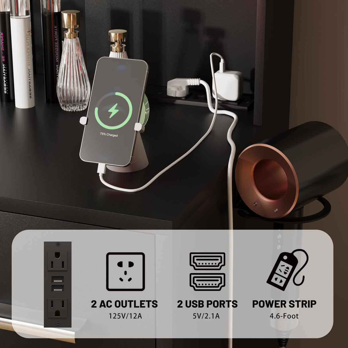 Furmax Vanity Desk with Mirror, LED Lights and Power Outlet Makeup Vanity Table with 7 Drawers and 6 Storage Shelves Dressing Table for Bedroom Dressing Room (Black) Furmax