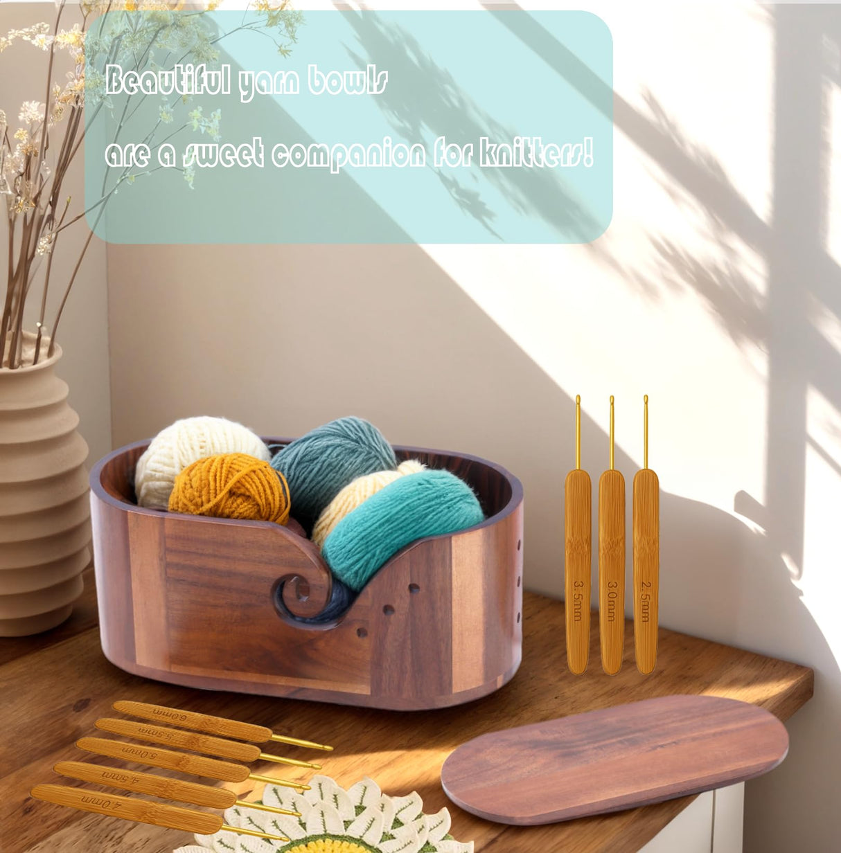 Blinrfilal Large Oval Wooden Yarn Bowls For Knitting , Acacia Yarn Holder ,Double Curling Slot Crochet Yarn Bowl With Lid,Preventing tangles,Ideal Gifts Set For Knitters Blinrfilal