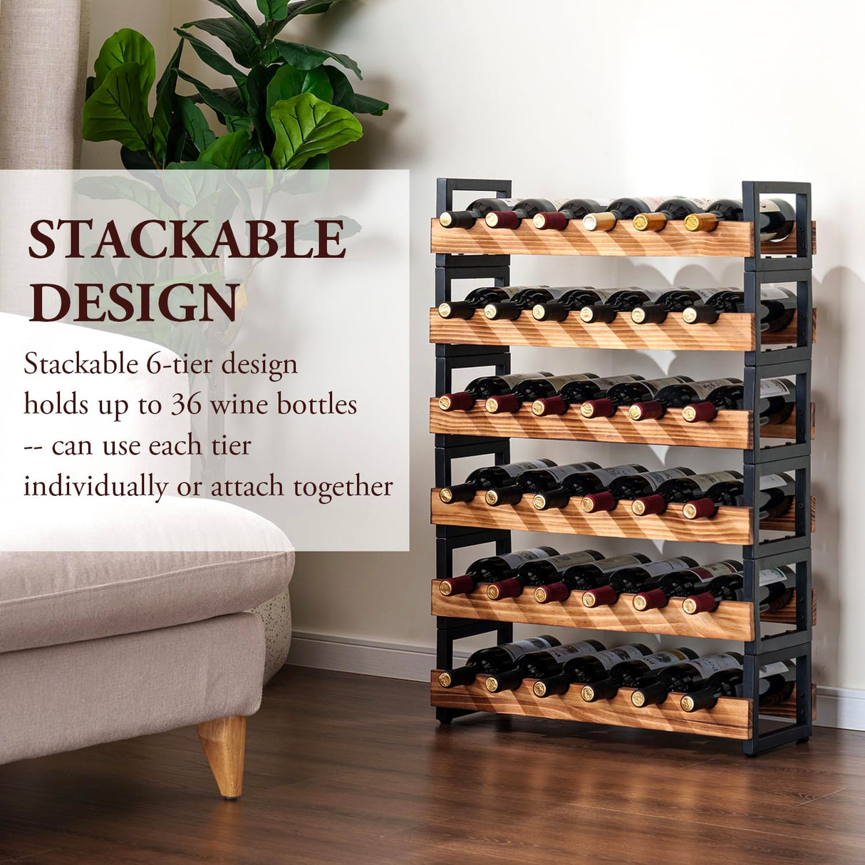 MyGift 6-Tier Freestanding Wine Bottle Rack with Burnt Solid Wood Shelf and Industrial Matte Black Metal Frame, Large Horizontal Wine Bar Storage Stand for 36 Bottles MyGift