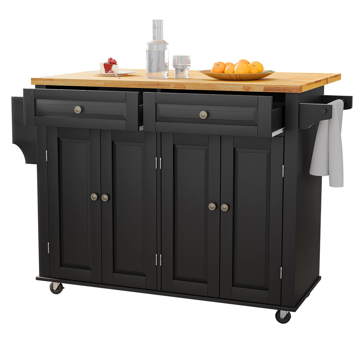Squireewo Kitchen Cart with Wood Top and Drop Leaf Breakfast Bar, Rolling Mobile Kitchen Island Table on Wheels with Drawer and Storage Cabinet, Spice Rack, Towel Rack, Black Squireewo
