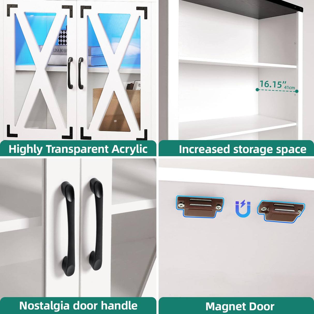 YITAHOME Farmhouse Storage Cabinet with Acrylic Doors & Led Light, 5 Tier Bookshelf and Bookcase, Pantry Cabinet for Living Room, Kitchen, Dining Room - White YITAHOME