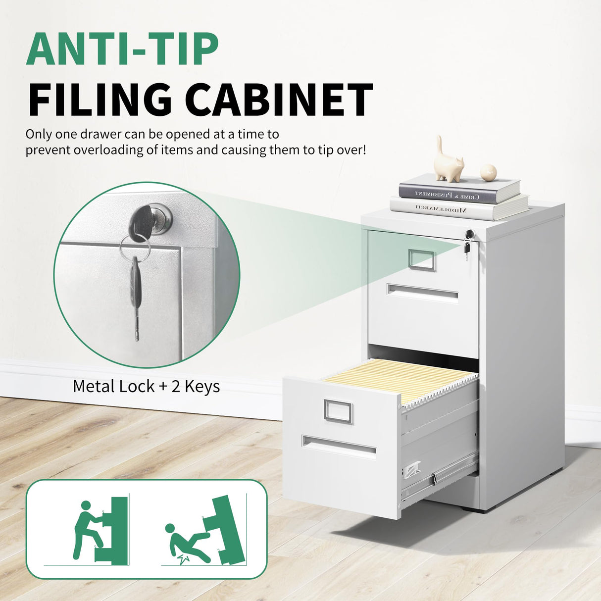 VIYET 2 Drawer File Cabinet,Metal Filing Cabinets with Lock,White Vertical File Cabinet for Home Office,Heavy Duty Metal Storage Cabinet for A4/Letter/Legal Size File,Assembly Required VIYET