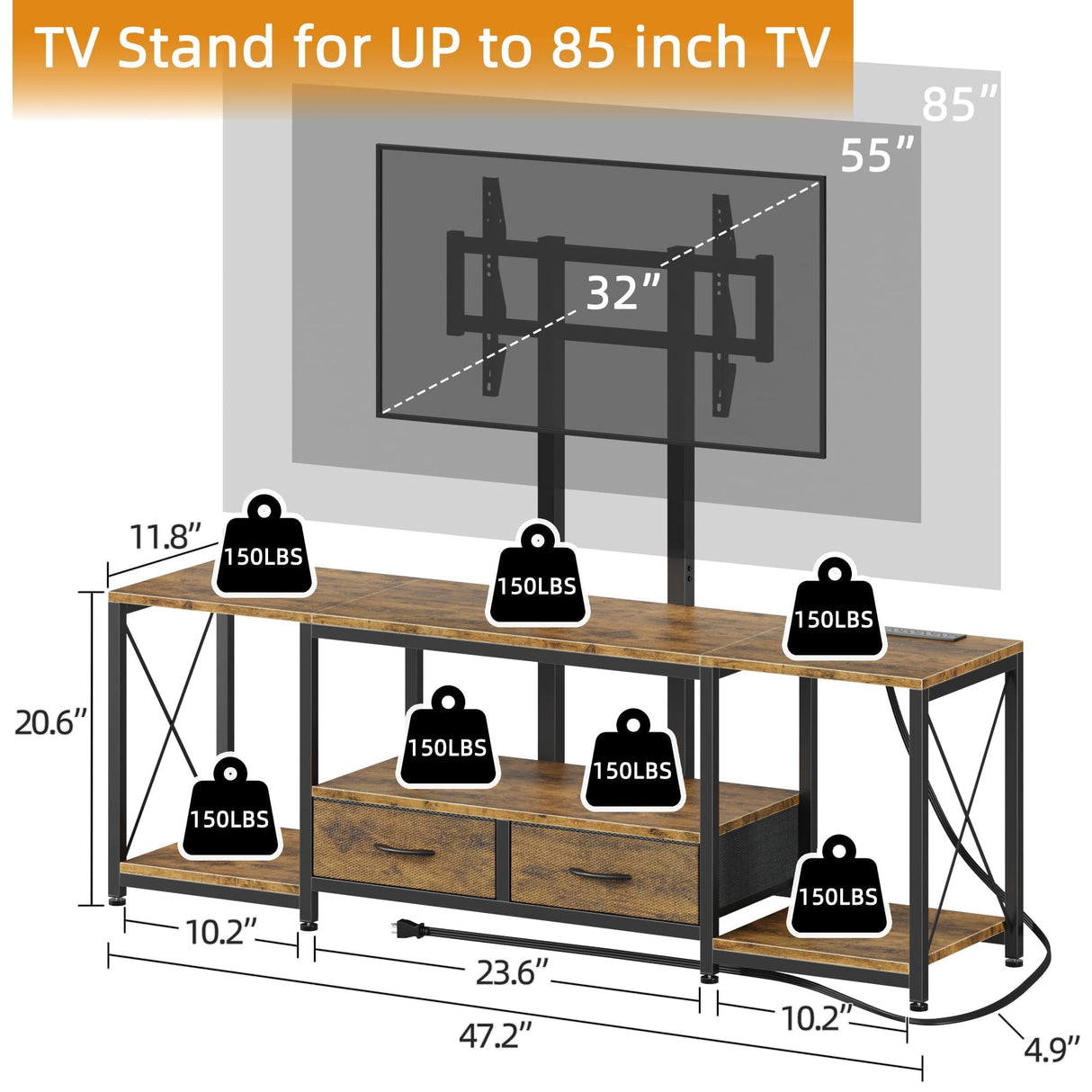 GYIIYUO LED TV Stand with Mount and Power Outlet & Fabric Drawers for 32-85 Inches TV - Entertainment Center and Corner Tv Stand for Living Room, Bedroom- 47" Rustic Brown (Max VESA 400mm × 600mm GYIIYUO