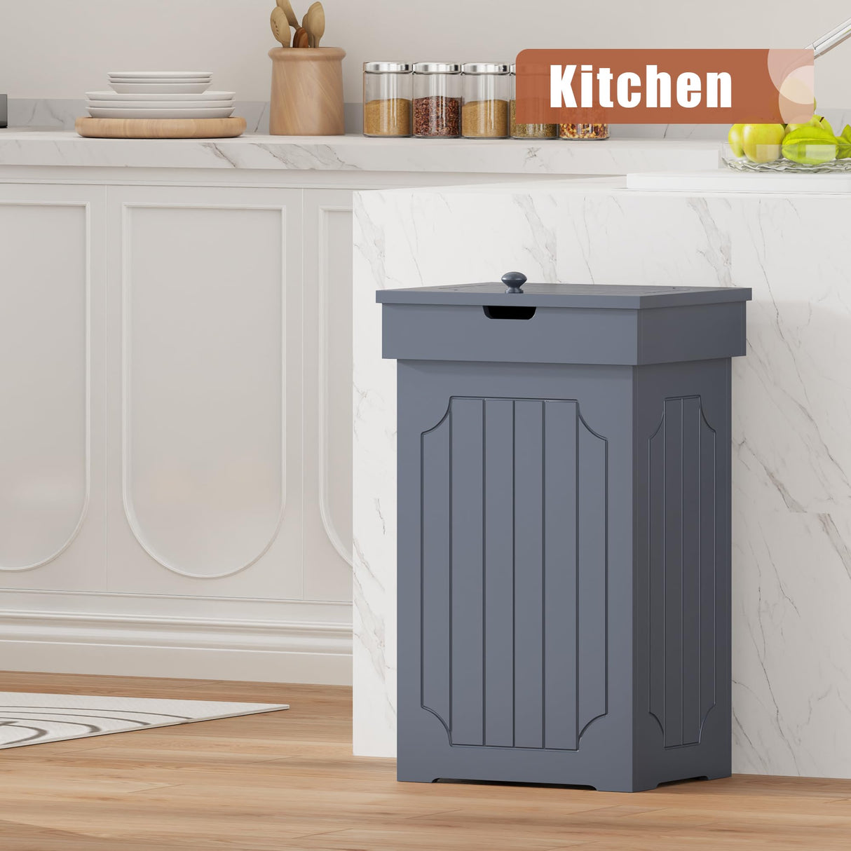 Function Home Trash Can Cabinet, 13 Gallon Kitchen Garbage Can, Wooden Recycling Trash Bin, Freestanding Dog Proof Trash Can, Farmhouse Trash Cabinet with Lid for Home Kitchen Bedroom, Grey Function Home