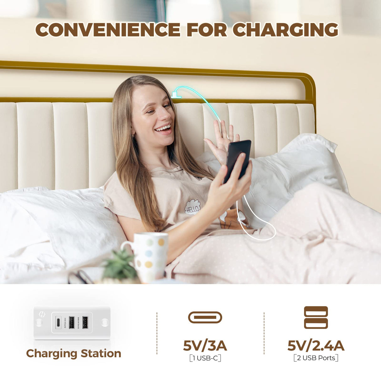 Rolanstar Twin Size Bed Frame with LED Light and Charging Station, Upholstered Headboard and Footboard, Metal Slat, Noise Free, Easy Assembly, Golden Rolanstar