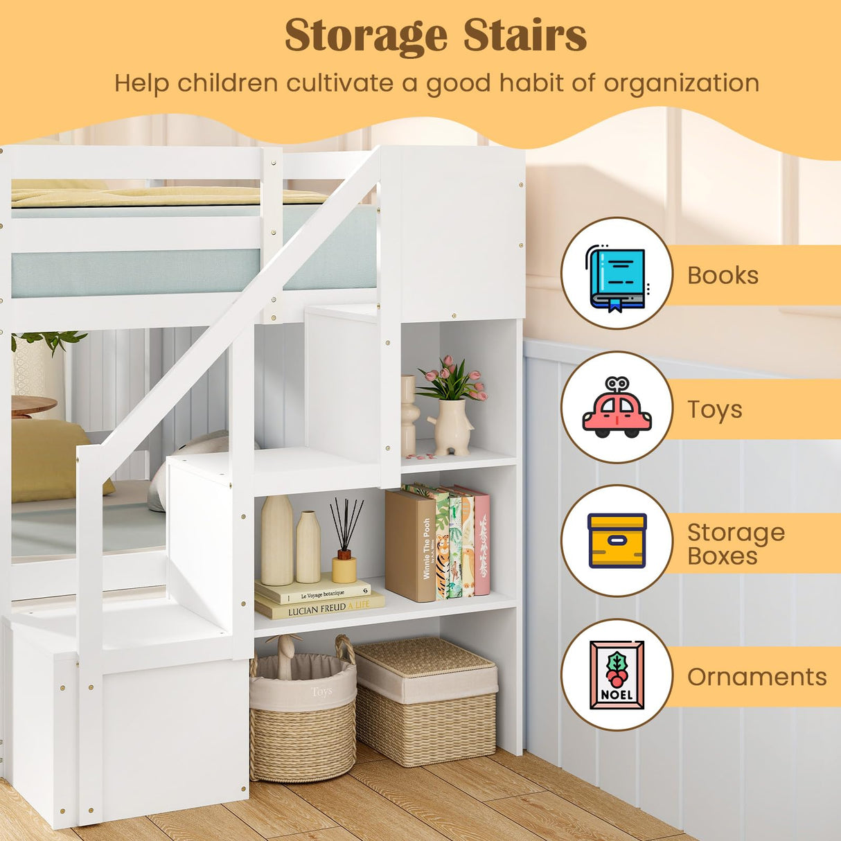 Giantex Twin Over Twin Bunk Bed with Stairs, Solid Wood Floor Bunk Bed with Storage Staircase & Full-Length Guardrails, Low Bunk Bed with for Kids, Teens, Adults, Dorm, Small Space, White Giantex
