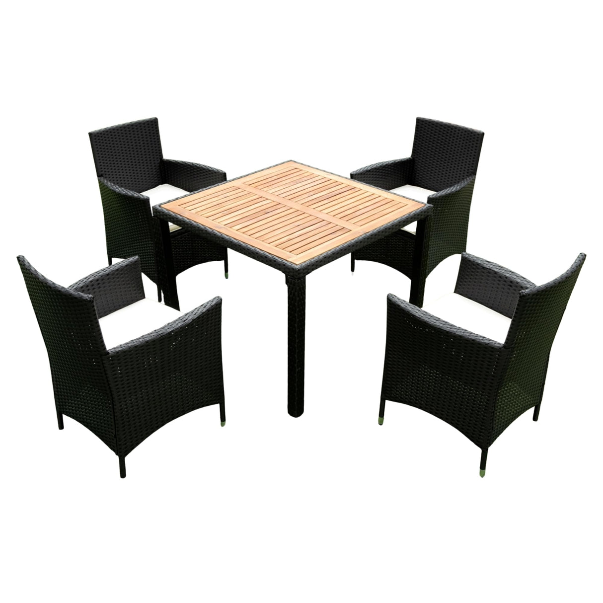 Quarte 5 piece Outdoor Patio Wicker Dining Set, Dining Table with Acacia Wood Tabletop and Stackable Armrest Chairs,Patio Rattan Furniture Dining Set Quarte