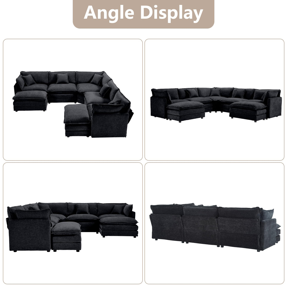 Tmsan 113.4" Deep Seat Sectional Cloud Sofa with 2 Ottomans, Oversized U Shaped Modular Couch, Large 7 Seater Corner Couches for Living Room, Black Chenille Tmsan