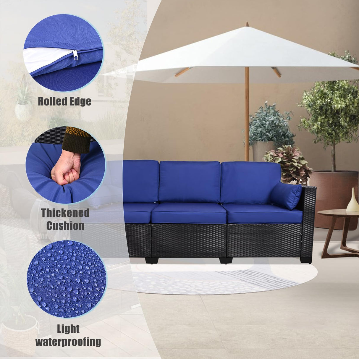 HISUKOY Outdoor Couch Wicker Patio Sofa, 3-Seat Sofa Patio Furniture Couch Outdoor Patio Sofa Seating Furniture for Garden,Backyard,Porch, Black-Blue HISUKOY