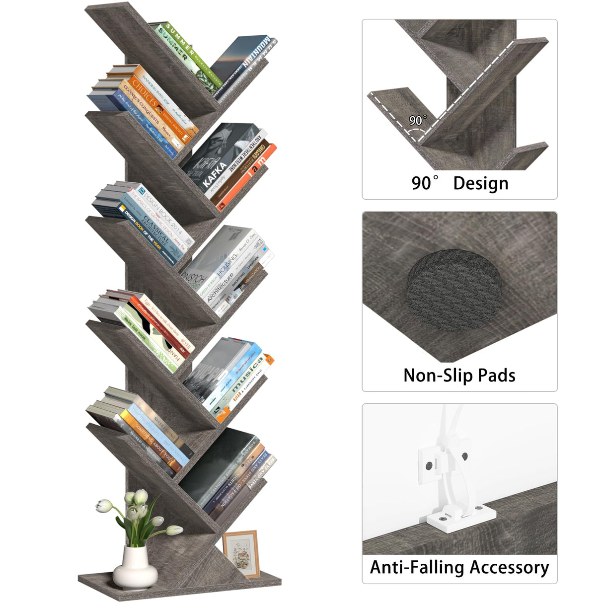 SHEEPAM 10 Tier Tree Book Shelf, Floor Standing Wood Bookshelf for Narrow Space, Storage Organizer Bookshelves for Books/CDs/Magazine, Bookcase with Shelves for Home Office, Living Room - Light Grey SHEEPAM