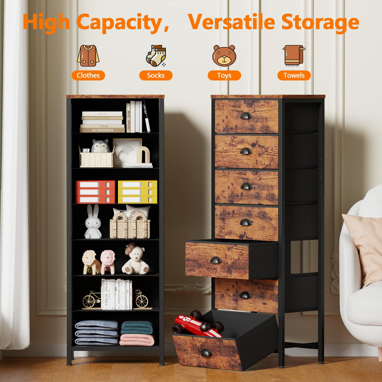 Furnulem Dresser with 7 Drawers,Tall Chest of Drawers Industrial Fabric Dresser for Bedroom,Vertical Storage Tower Bedside Furniture in Living Room,Closet,Entryway-Sturdy Steel Frame(Rustic Brown) Furnulem