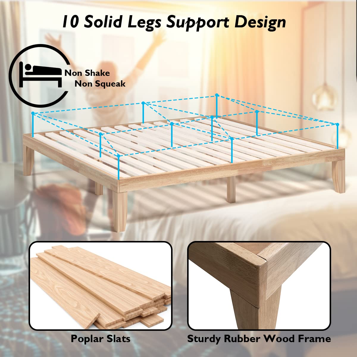 KOMFOTT King Size Wood Platform Bed Frame – Solid Rubber Wood with Durable Slat Support, No Box Spring Needed, Natural Finish KOMFOTT