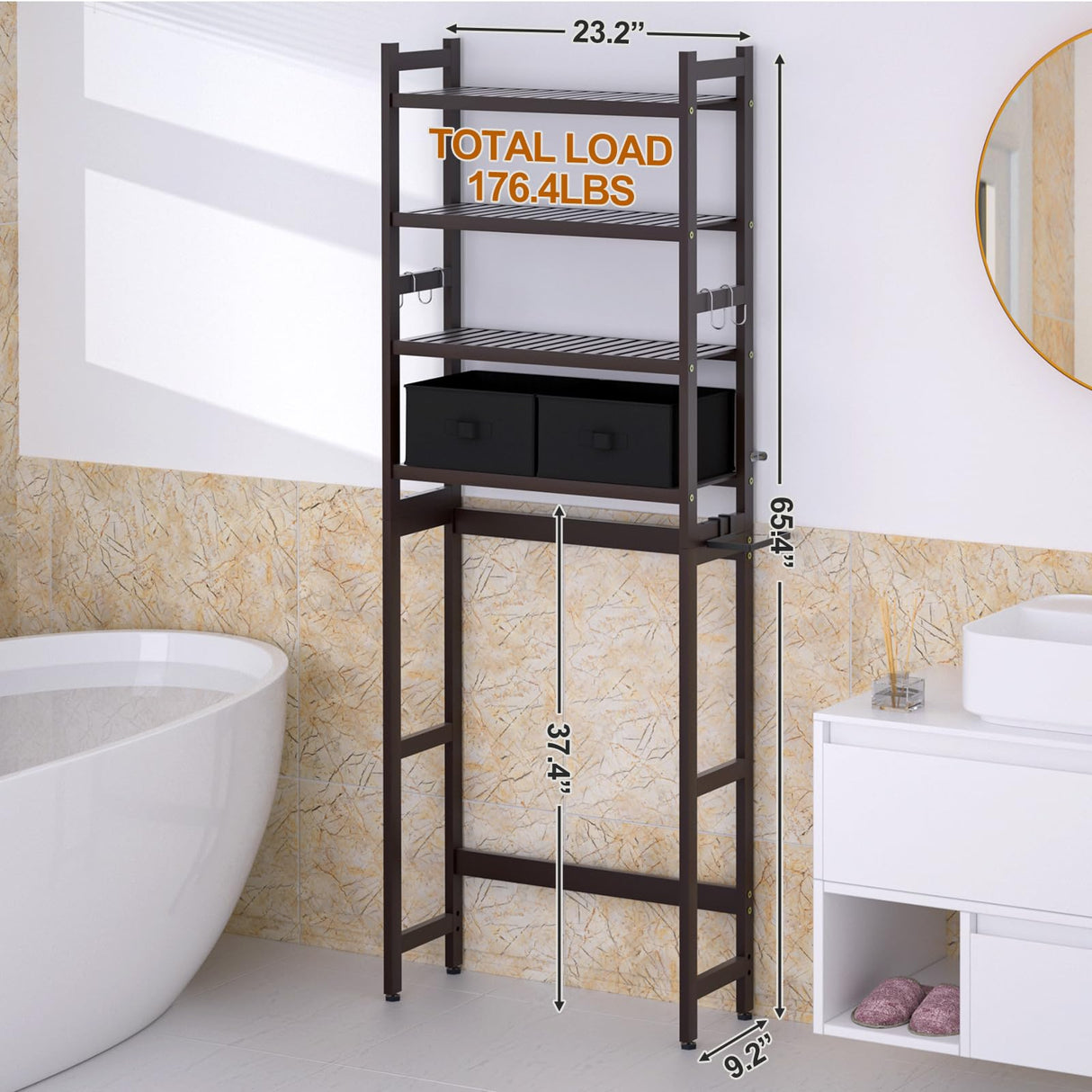 Cozivolife Over The Toilet Storage with 2 Baskets, 4-Tier Bamboo Organizer Rack with Paper Holder & 4 Hooks & Waterproof Feet Pad,Freestanding Shelf for Bathroom(Brown) Cozivolife