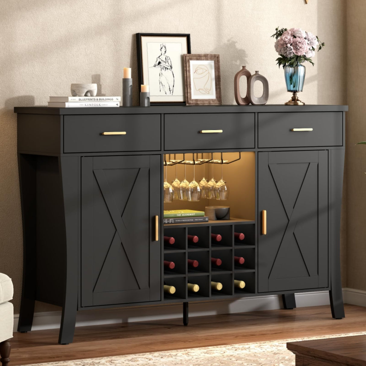 Wine Bar Cabinet with LED Light,Farmhous Liquor cabinet with Wine and Glass Rack,Coffee Station with Storage cabinet and 3 drawers,Buffet Sideboard with Arc Design for Kitchen,living room (Black) Gyfimoie