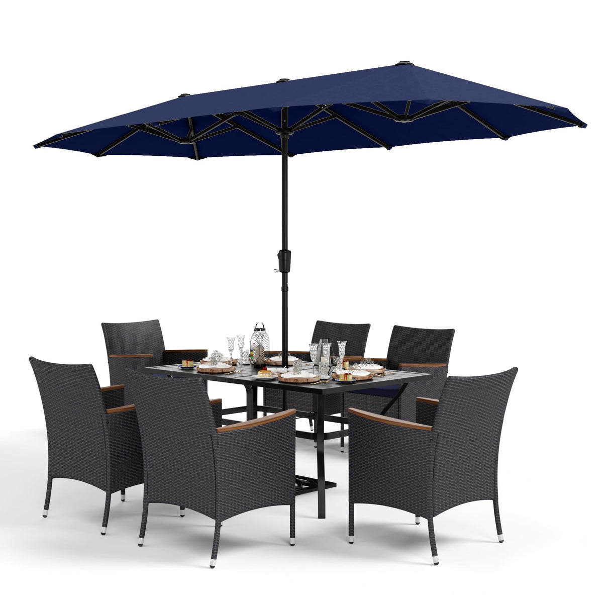 Sophia & William 7 Pieces Patio Dining Set with 13ft Navy Patio Umbrella, Outdoor Dining Set for 6 People, 60” Metal Patio Table and Rattan Chairs, Outdoor Patio Furniture with Seat Cushion Sophia & William
