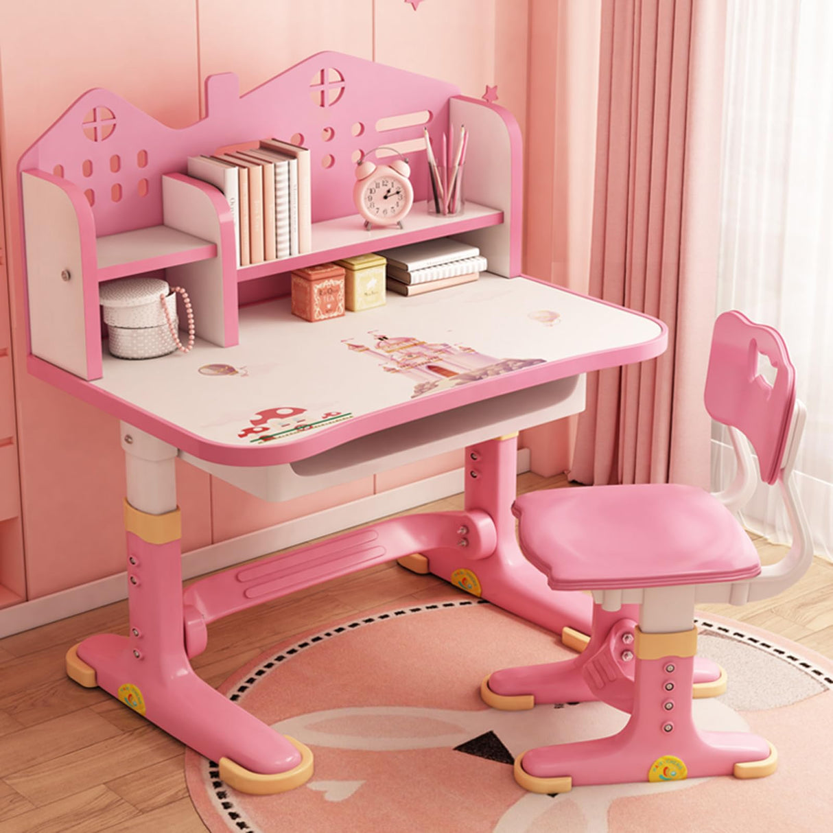 ZTGD Kids Adjustable Study Desk & Chair Set w/Storage,Drawers,Bookshelf,Child Toddler Writing Homework Table,Little Girl Work Computer Desk,Princess Preschool Desk,Escritorio Mesas para Niña (Pink A) ZTGD