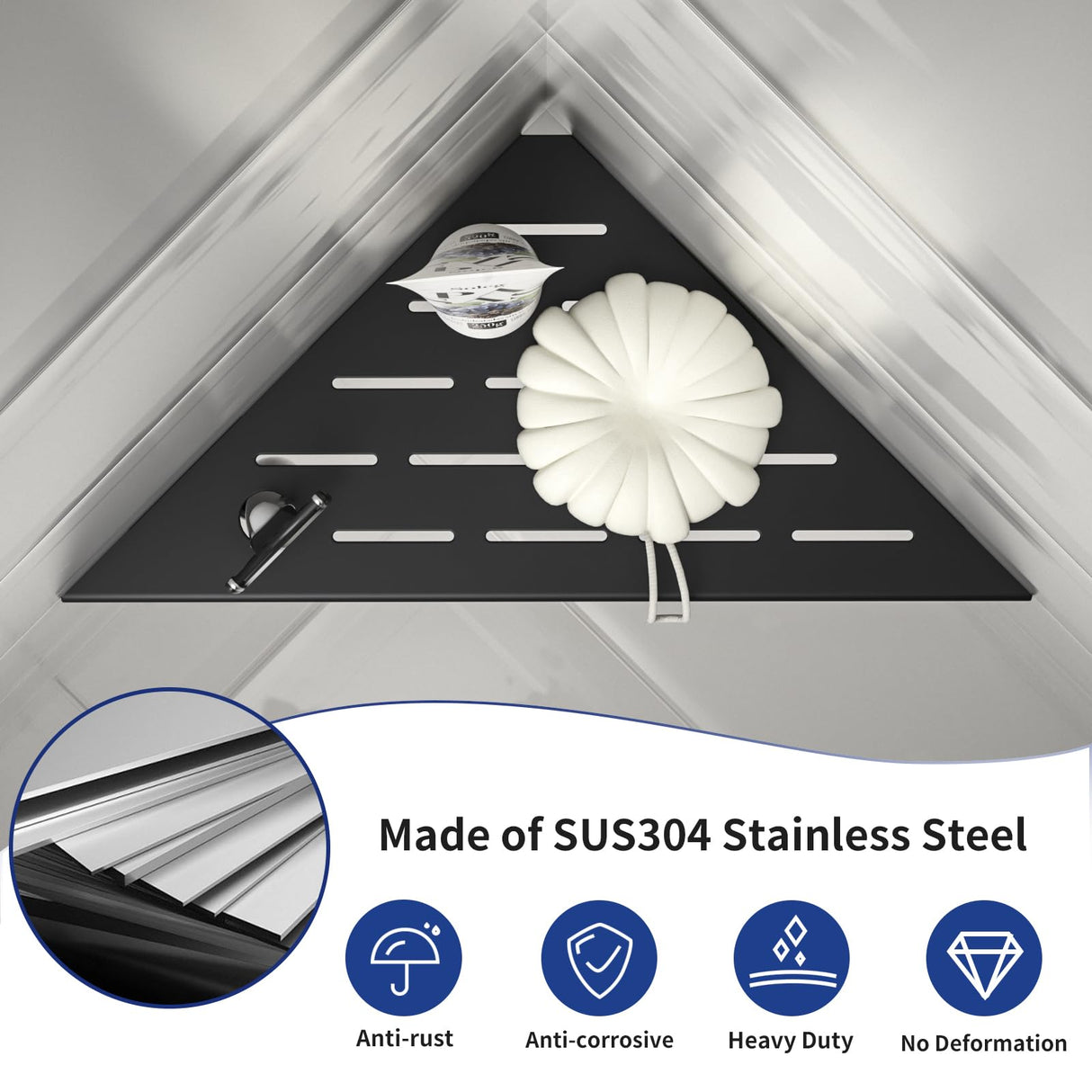 Bernkot 10'' Corner Shower Shelf w/Soap Holder, 304 Stainless Steel Grout in Shelf for Bathroom, Recessed Shelf for Tiled Wall, No Drilling Needed (Black) Bernkot