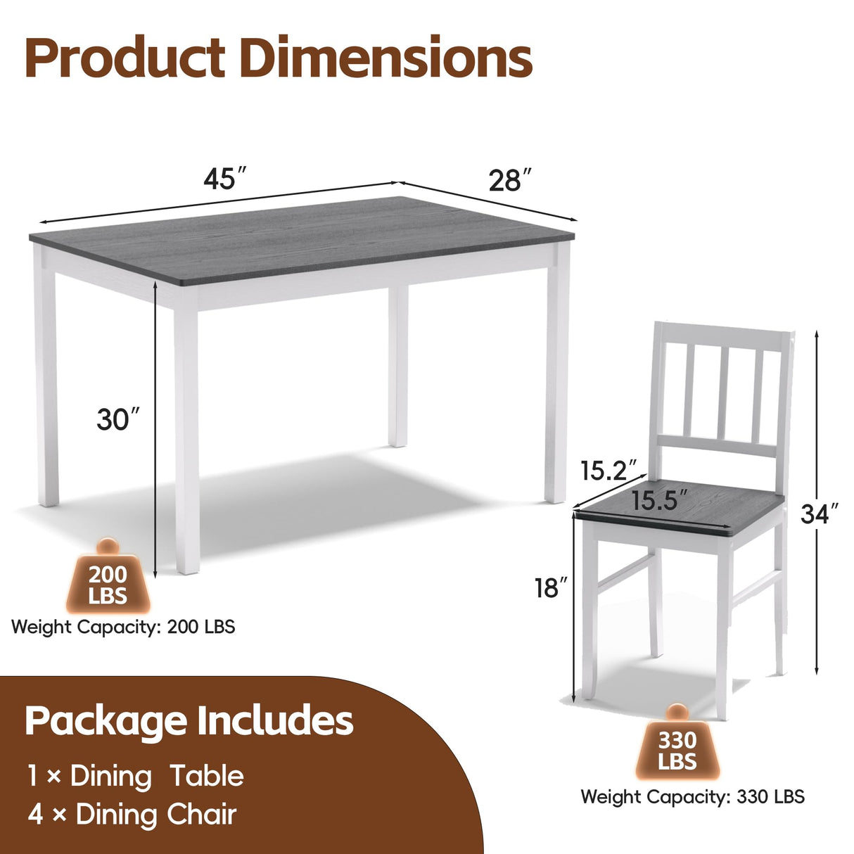 MU 5 Piece Dining Table Set for 4, Rectangular Wood Kitchen Table Chairs Set with Rubber Wood Legs, Space-Saving Farmhouse Dinette Set for Small Space, Dining Room, Apartment, Grey+White MU