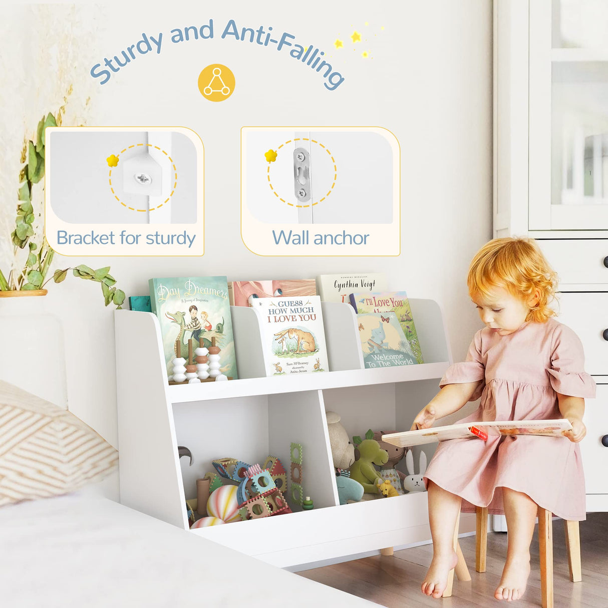 Curipeer Kids Bookshelf, Baby Book Shelf and Toy Organizer, Wooden Open Bookcase with 5 Cubbies, 2-Tier Baby Storage Display, Christmas and Birthday Gifts for Playing Room, Nursery, White Curipeer