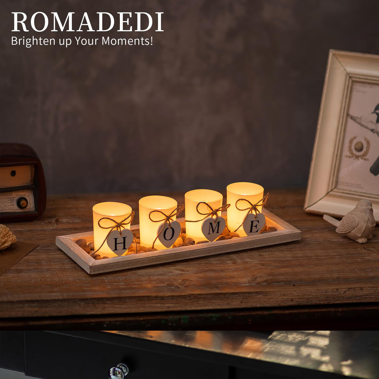 Romadedi Farmhouse Centerpiece Candle Holder Decor - Rustic Wooden Tray with 4 Glass Tealight Candles Holders for Coffee Table Home Decorations Living Room Fireplace Kitchen Housewarming Gifts Romadedi