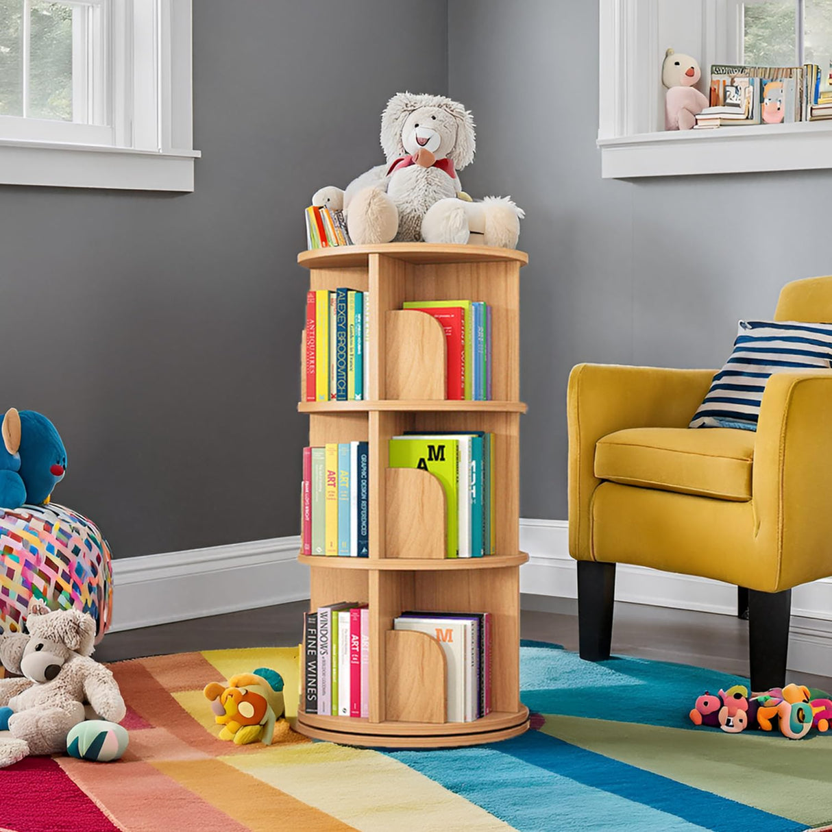 360 Display Rotating Bookshelf Tower,Rotating Bookshelf for Kids&Adults,3 Tier Rotating Stackable Shelves for Small Space,Solid Wood Narrow Bookcase Organizer for Kids Room,Bedroom,Living Room Feuusec