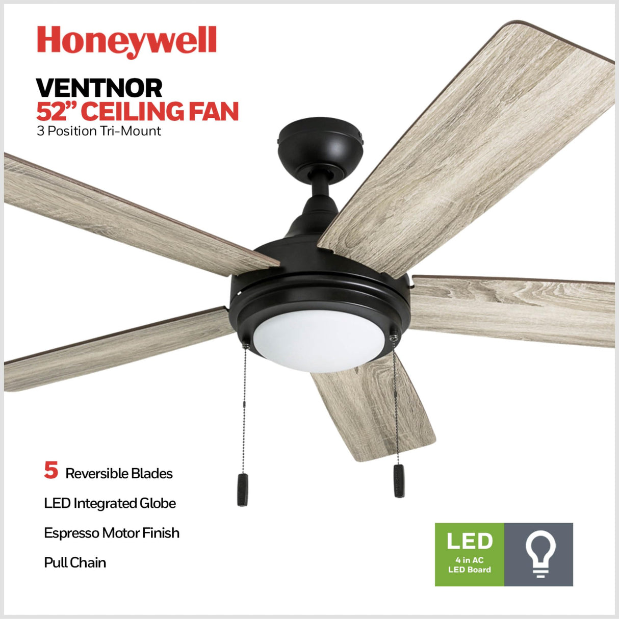 Honeywell Ceiling Fans Ventnor, 52 Inch Modern Farmhouse Indoor LED Ceiling Fan with Light, Pull Chain, Three Mounting Options, Dual Finish Blades, Reversible Motor - 50607-01 (Bronze) Honeywell