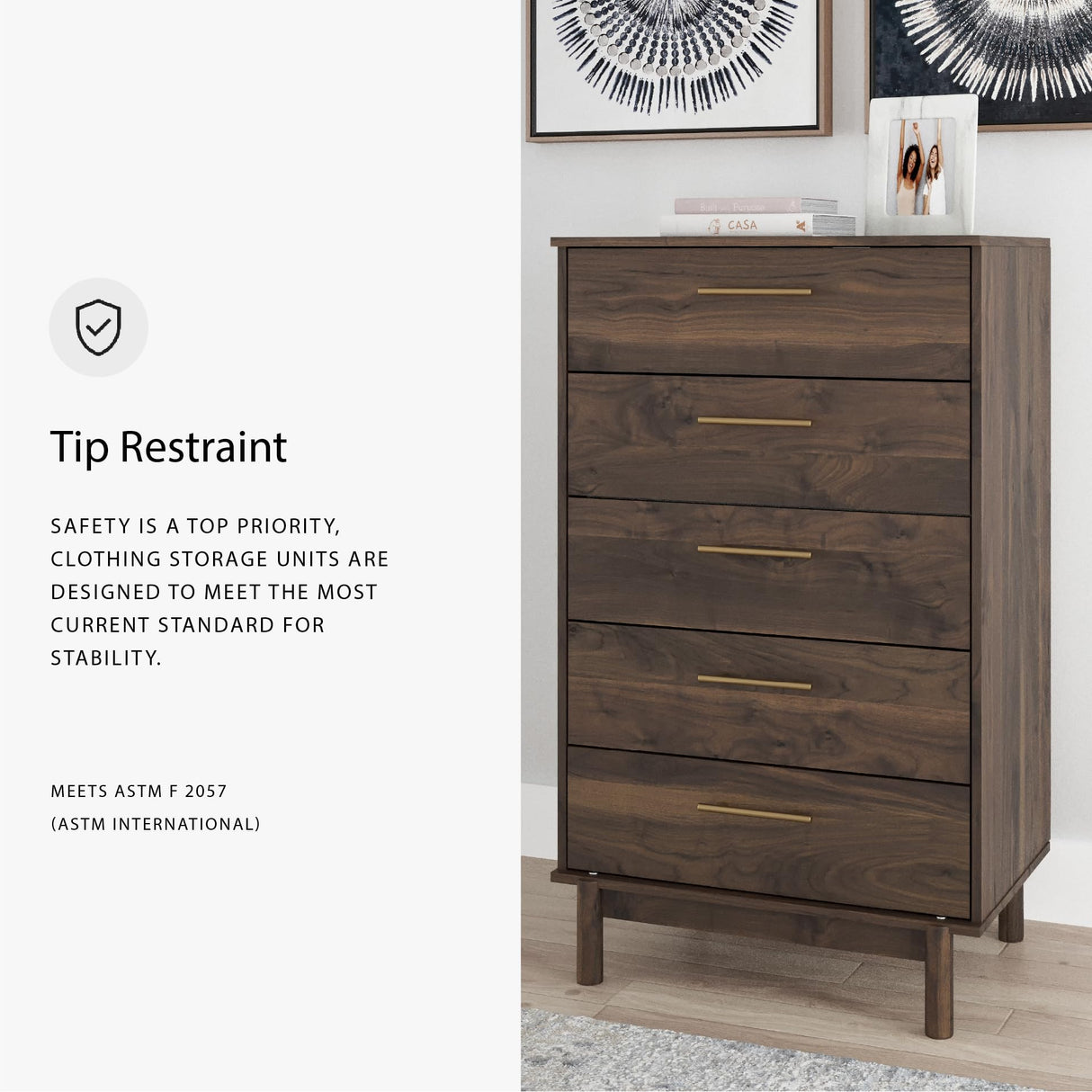 Signature Design by Ashley Calverson Contemporary 5 Drawer Chest of Smooth-Gliding Drawers and Safety Stop, Dark Brown Signature Design by Ashley