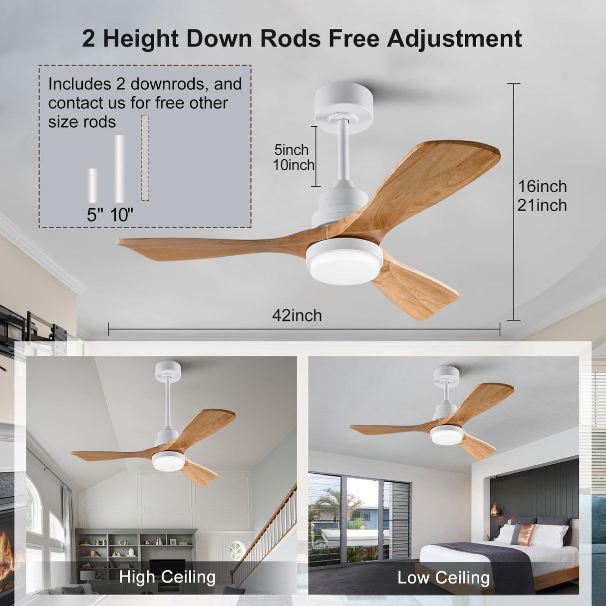 BOJUE 42 Inch White Ceiling Fans with Lights and Remote,Dimmable LED Light,Quite Reversible DC Motor,Memory Function,Modern Solid Wood Indoor Outdoor Ceiling Fan with Light for Farmhouse Bedroom Patio BOJUE