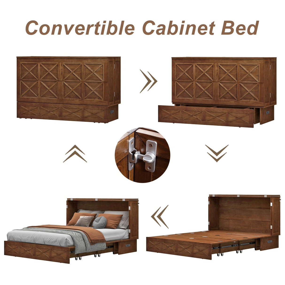 Keloyid Solid Wood Murphy Bed Cabinet:Queen Size Murphy Bed with USB Charging Station and Large Storage Drawer for Home,Optimize Sleeping Space(Mattress Not Included) Khaki-23 Keloyid