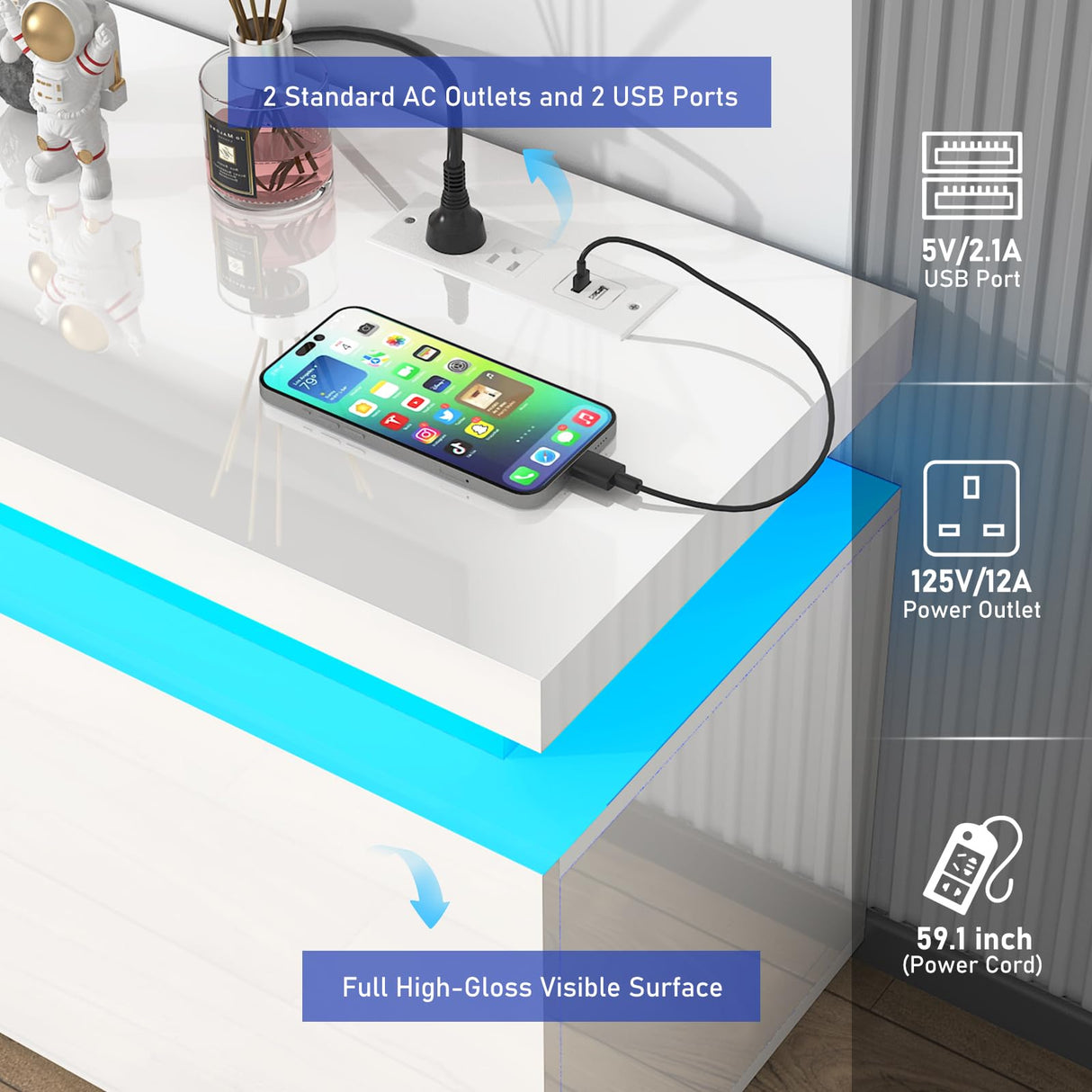 Hlivelood LED TV Stand for 75 Inch TV, Modern TV Stand with Power Outlet, High Gloss TV Console Entertainment Center with Storage and LED Lights for Living Room, Bedroom (66 Inch, White) Hlivelood