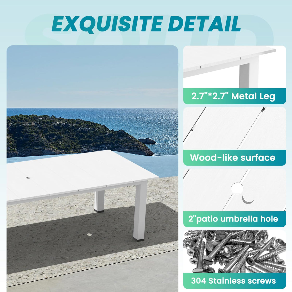 LOUNZY 75.2" HDPE Rectangle Outdoor Dining Table for 8, Oversized Patio Dining Table w/ 2" Umbrella Hole,White LOUNZY