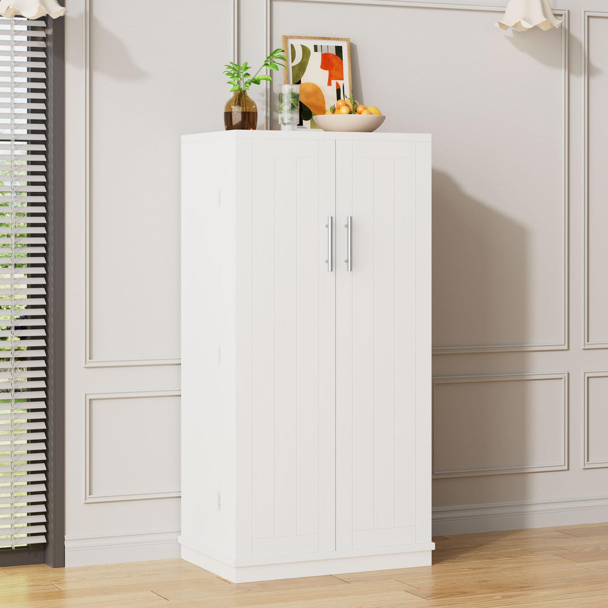 Meilocar 47in Kitchen Pantry Cabinet, Wood Kitchen Storage Pantry Cabinets Freestanding Pantry Cabinet with Doors & Adjustable Shelves, Pantry Cabinet for Kitchen, Living Room, White Meilocar