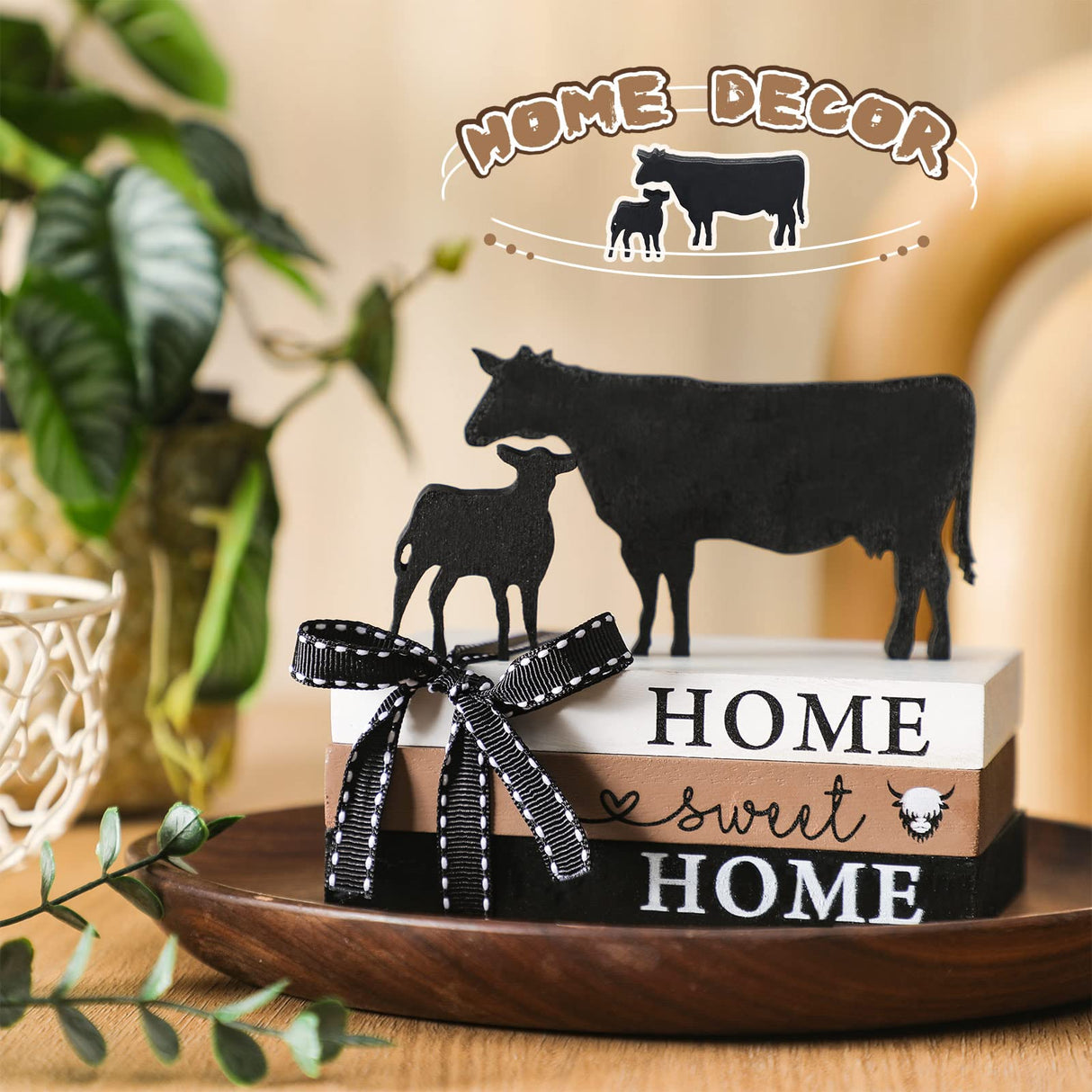 Geetery 5 Pcs Wood Farm Decor Farmhouse Sign Farm Home Tiered Tray Decor Rustic Mini Wood Book Stacks Table Decorations for Home Living Room Table Sign (Cow) Geetery