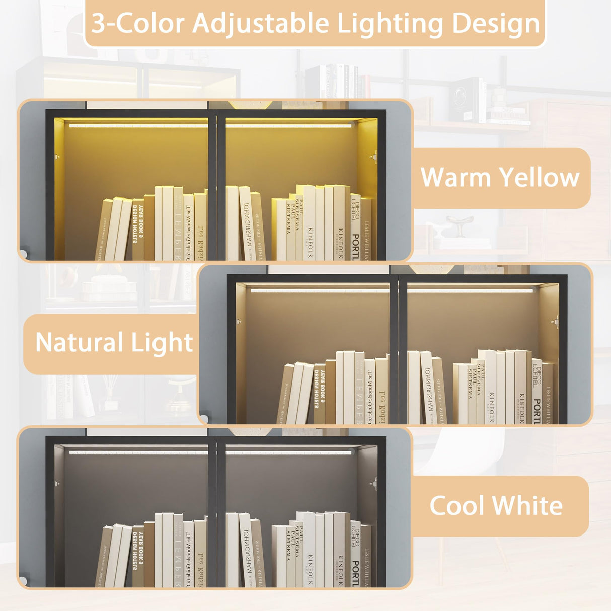 Vrmuxita Display Cabinet with Glass Doors: 79" Black Lighted Display Cabinet with 3 Drawers, Tall Bookcase with 2 Doors, Glass Door Bookcase for Living Room (Black) Vrmuxita