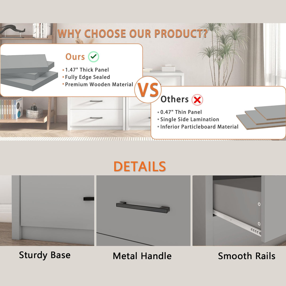 Zhiseek 3 Drawer Dresser for Bedroom, Wood Samll Chest of Drawers with Wide Storage Organizer, Mid-Century Modern Tall Nightstand for Closet, Entryway, Hallway, Grey Zhiseek