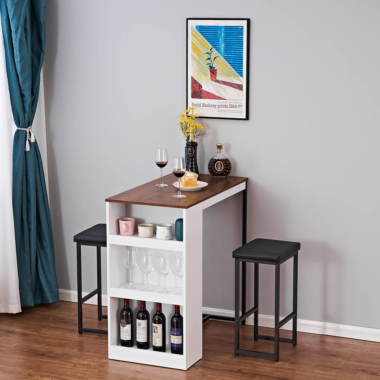 Panana Rustic 3-Piece Counter Height Dining Table Set with Stools and Storage Shelves Panana