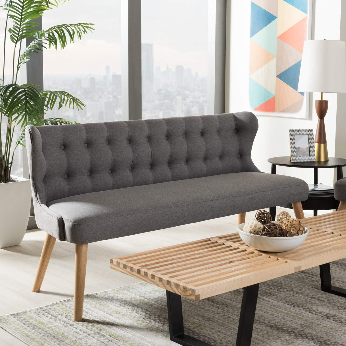 Baxton Studio Melody Mid-Century Modern Grey Fabric and Natural Wood Finishing 3-Seater Settee Bench Baxton Studio