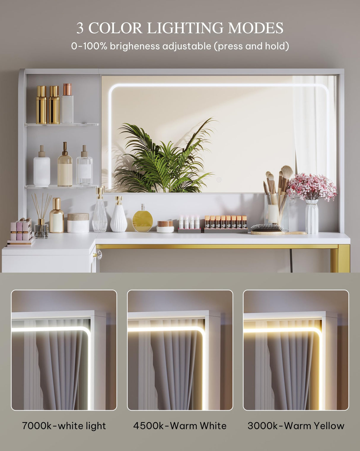 DWVO Vanity Desk with LED Lighted Mirror and 3 Lighting Modes, L-Shaped Corner Vanity Table, 48" Large Dressing Table with 5 Tempered Glass Drawers with Open Storage Shelves, White DWVO