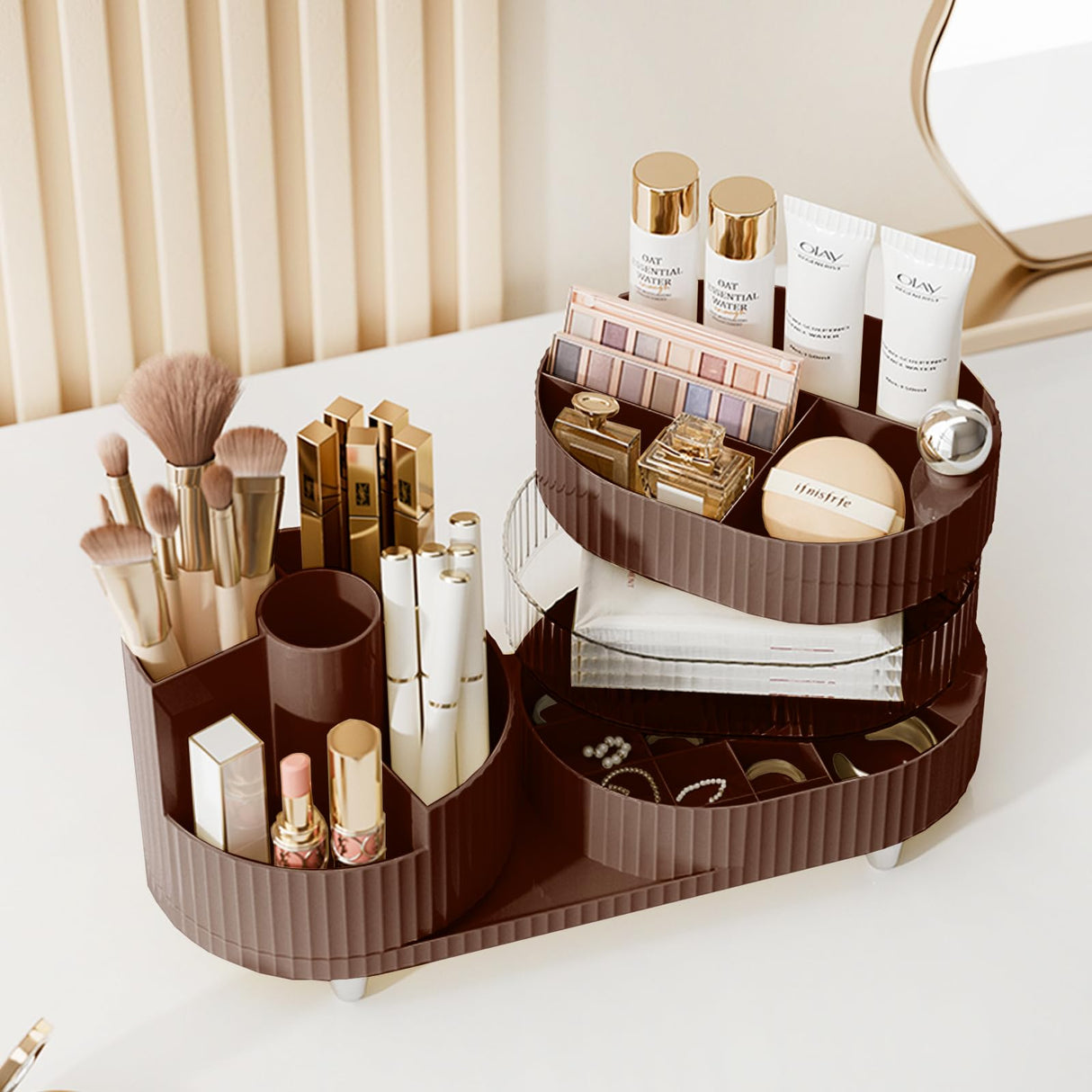 Rotating Makeup Organizer for Vanity with Brush Holder and Drawer, 3 Layer Cosmetic Makeup Storage, Large Makeup Skincare Organizer, Countertop Makeup Perfume Organizer, Lotions Display Case (Brown) COMFYROOM