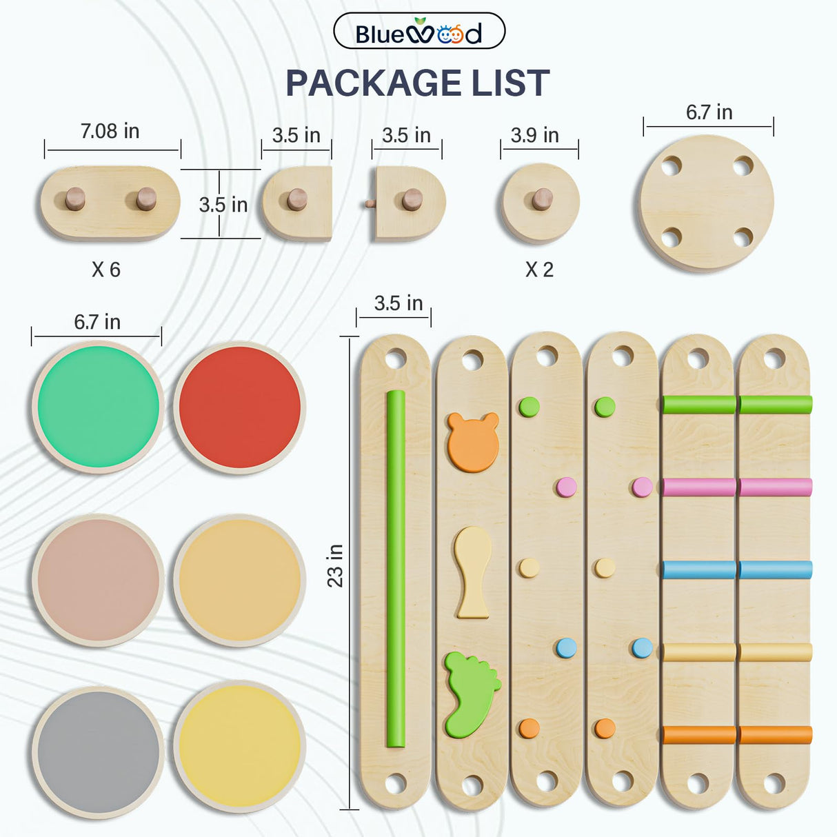 BlueWood 6pcs Balance Beam, Toddler Wood Balance Toy, Montessori Stepping Stones for Girls Boys, Build Coordination and Gross Motor Skills for Kids BlueWood