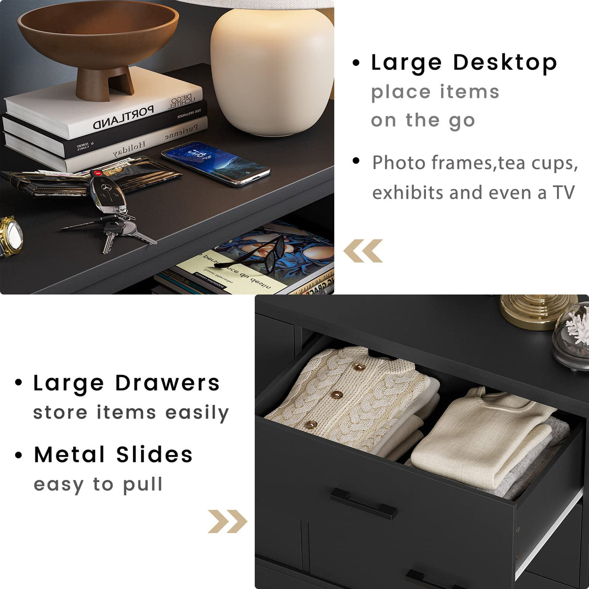 Hasuit 6 Drawer Double Dresser, Wood Storage Tower Clothes Organizer, Wide Chest of 6 Drawers, Large Storage Cabinet, Black Dresser for Bedroom, Hasuit