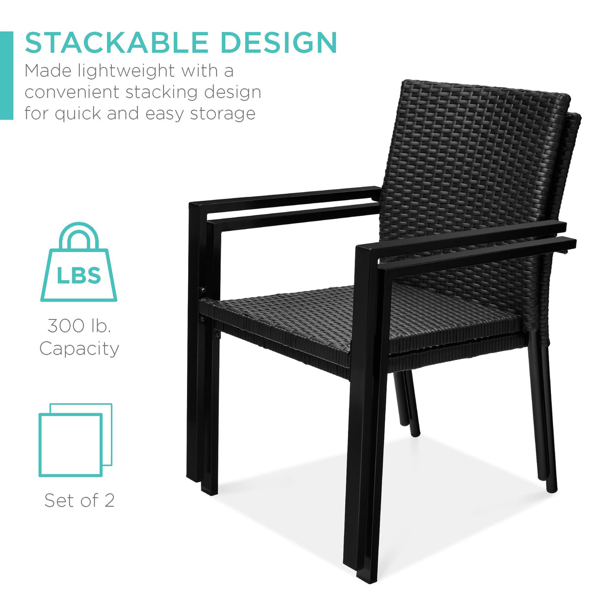 Best Choice Products Set of 2 Stackable Outdoor Wicker Dining Chairs All-Weather Firepit Armchair w/Armrests, Steel Frame for Patio, Deck, Garden, Yard - Black Best Choice Products