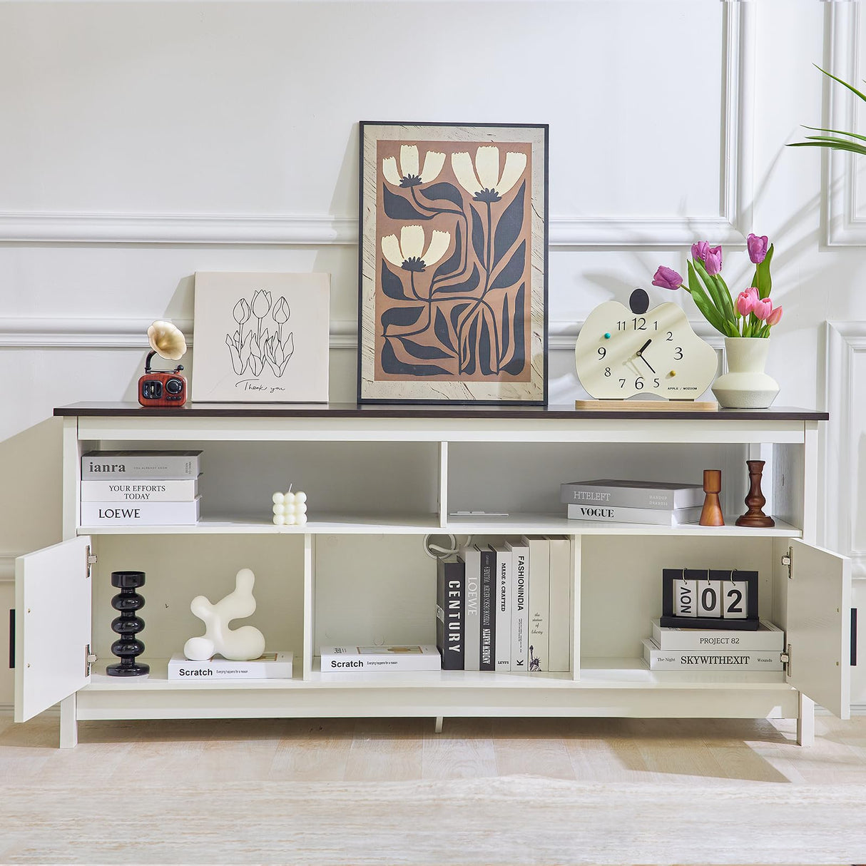 Rustic White Farmhouse TV Stand, Entertainment Center with Power Outlets for TVs up to 65 Inch, Mid Century Modern TV Cabinet, Media Console Table for Living Room, Farmhouse TV Console (Black) Redlifeᅟᅠ