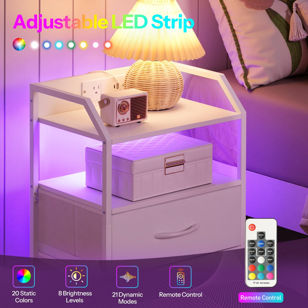 HOOBRO Nightstand with Charging Station, Bedside Table with Adjustable Fabric Drawer, Night Stand with LED Light Strip, End Table with Non-Woven Drawers, for Bedroom, White WT012UDBZ01 HOOBRO