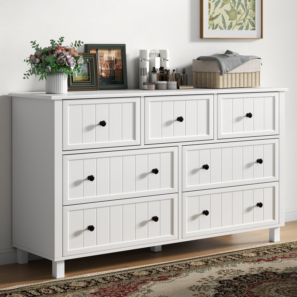 Farmhouse 7 Drawer Dresser for Bedroom, White Tall Modern Dresser TV Stand with Large Drawers & Metal Handles, Wood Chest of Drawers, Wide Double Dresser for Bedroom, Living Room, Hallway, White Gyfimoie